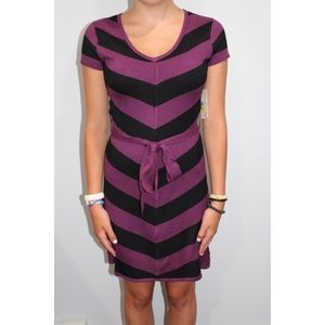 purple and black striped shirt sleeve dress